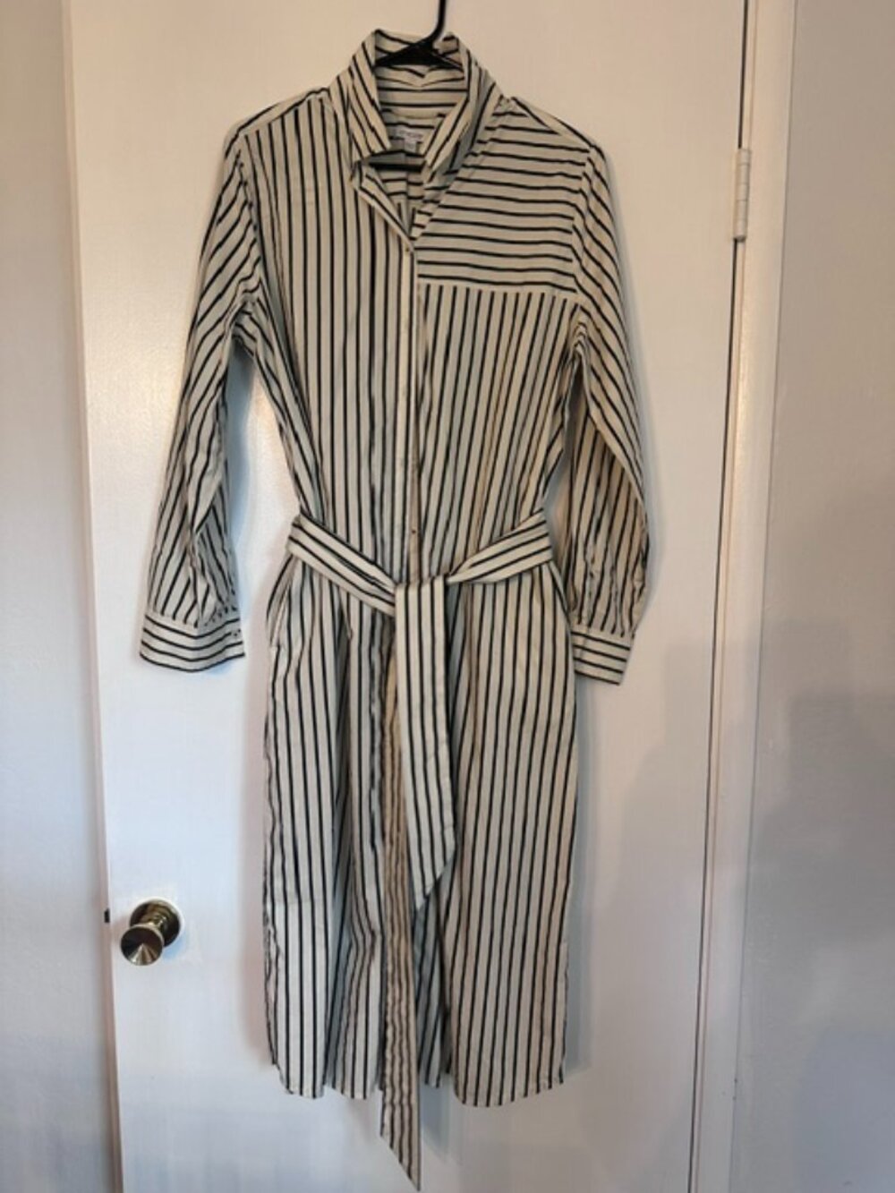 Chico's Cotton Stripe Midi Shirt Dress in size 10-M.  Natural Cream/Black stripe